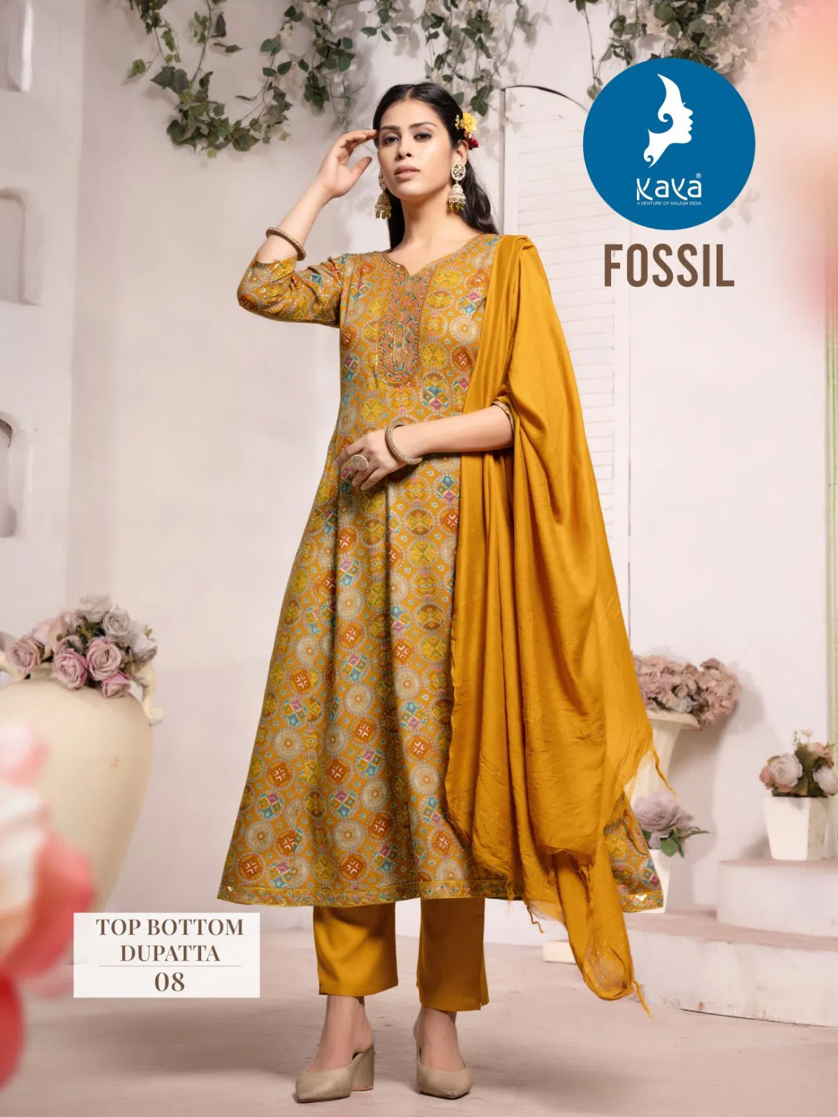 Fossil By Kaya Rayon Foil Printed Kurti With Bottom Dupatta Online Wholesale